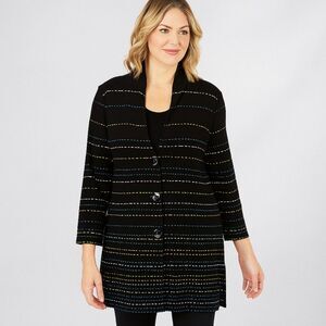 Misook Womens Cardigan L  Longline Striped Black  Sweater Multicolor Buttons